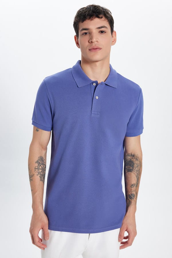 Erkek Slim Fit Dar Kesim %100 Pamuk Koyu Lila Polo Yaka Tişört - Tişörtlerde - 1 Alana 1 Bedava