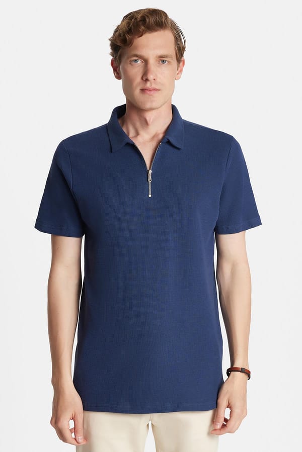Erkek Slim Fit Dar Kesim %100 Pamuk Fermuarlı Lacivert Polo Yaka Tişört - Tişörtlerde - 1 Alana 1 Bedava
