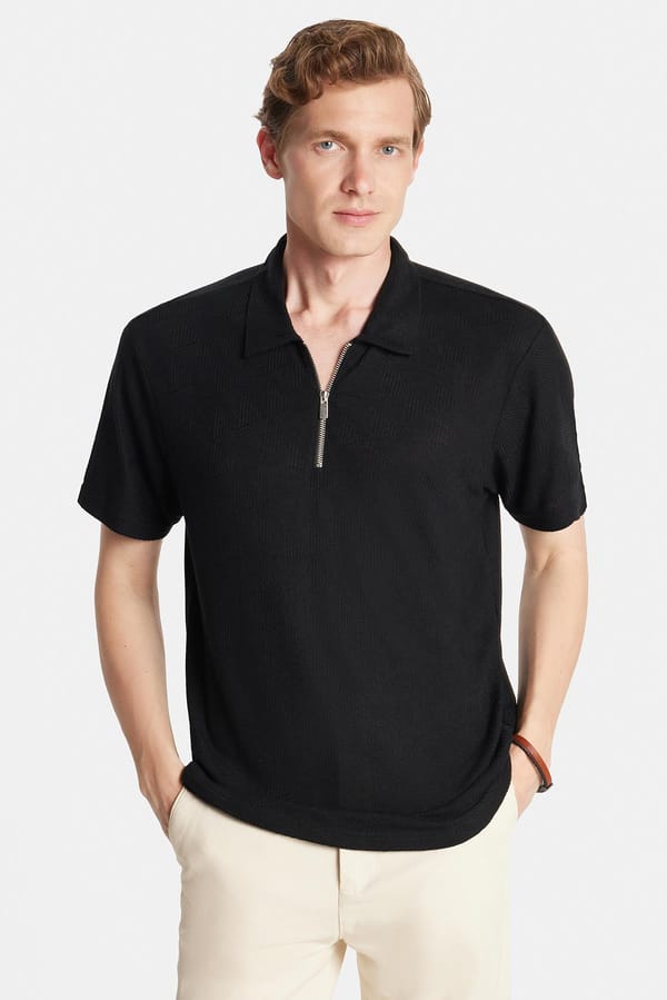Erkek Slim Fit Dar Kesim Viskon Fermuarlı Polo Yaka Siyah Tişört - Tişörtlerde - Tudors 1 Alana 1 Bedava