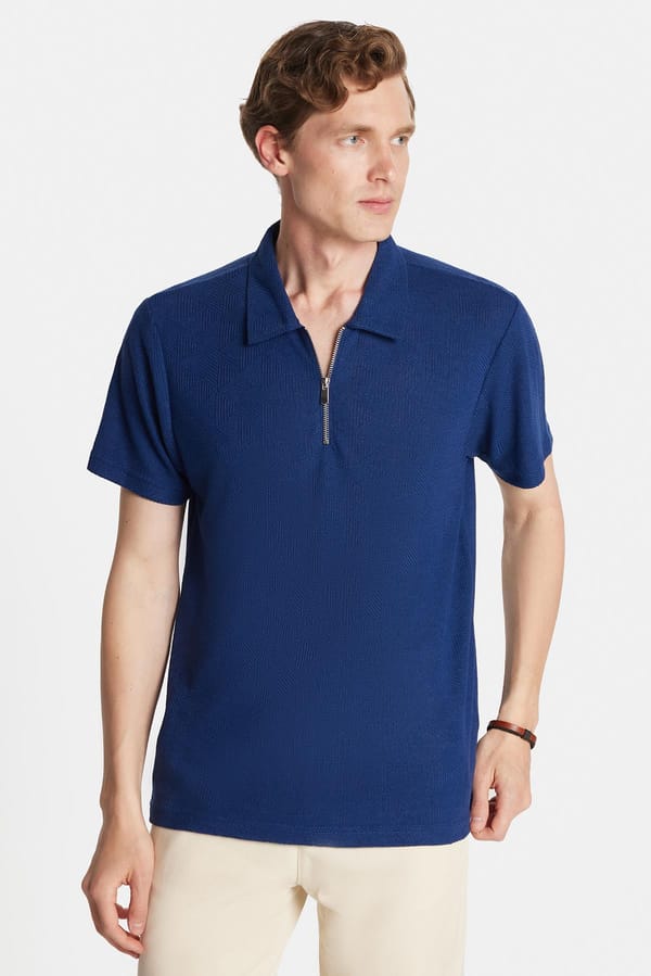 Erkek Slim Fit Dar Kesim Viskon Fermuarlı Polo Yaka Lacivert Tişört - Tişörtlerde - 1 Alana 1 Bedava