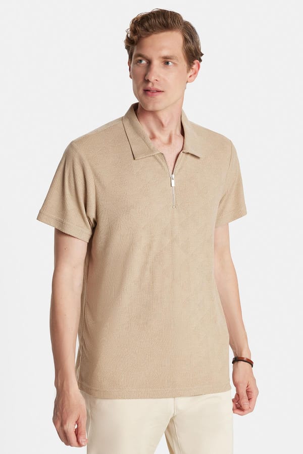 Erkek Slim Fit Dar Kesim Viskon Fermuarlı Polo Yaka Bej Tişört - Tişörtlerde - 1 Alana 1 Bedava
