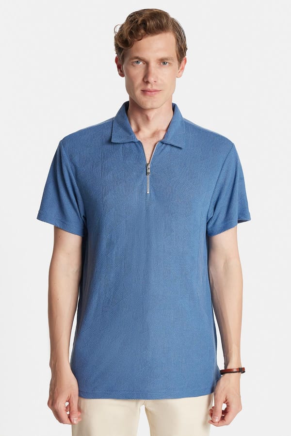 Erkek Slim Fit Dar Kesim Viskon Fermuarlı Polo Yaka Mavi Tişört - Tişörtlerde - 1 Alana 1 Bedava