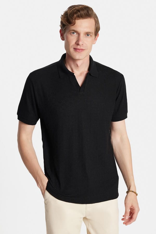 Erkek Slim Fit Dar Kesim Viskon Kumaş Desenli Düz Pike Düğmesiz Siyah Polo Yaka Tişört - Tişörtlerde - 1 Alana 1 Bedava