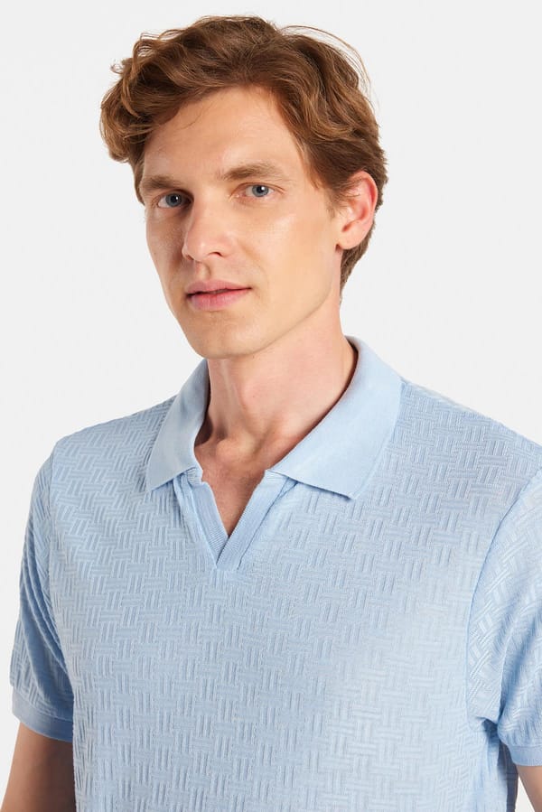 Erkek Slim Fit Dar Kesim Viskon Kumaş Desenli Düz Pike Düğmesiz Açık Mavi Polo Yaka Tişört - Tişörtlerde - 1 Alana 1 Bedava