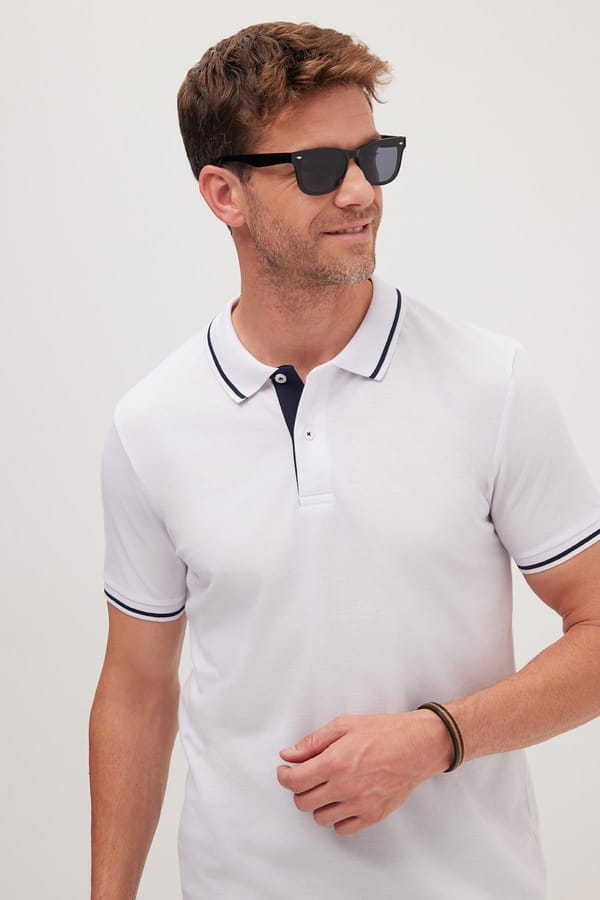 Erkek Slim Fit Dar Kesim %100 Pamuk Yumuşak Dokulu Serin Tutan Kumaş Düz Pike Beyaz Polo Yaka Tişört - Tudors 1 Alana 1 Bedava
