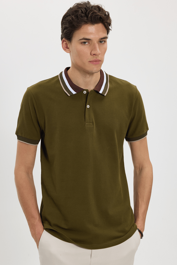 Erkek Slim Fit Dar Kesim %100 Pamuk Haki Polo Yaka Tişört - Tişörtlerde - 1 Alana 1 Bedava
