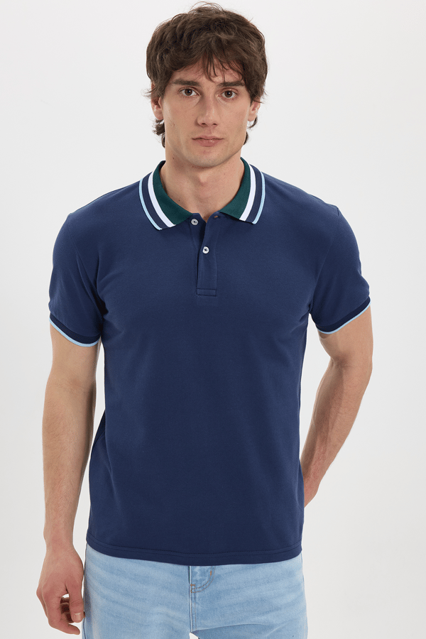 Erkek Slim Fit Dar Kesim %100 Pamuk Lacivert Polo Yaka Tişört - Tişörtlerde - 1 Alana 1 Bedava