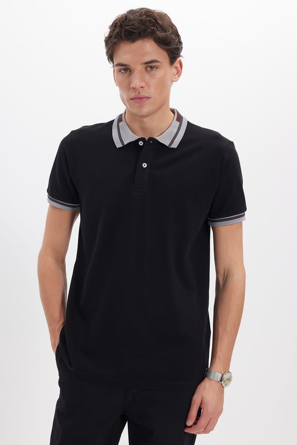 Erkek Slim Fit Dar Kesim %100 Pamuk Düz Pike Yaka ve Kol Detaylı Siyah Polo Yaka Tişört - Tişörtlerde - 1 Alana 1 Bedava