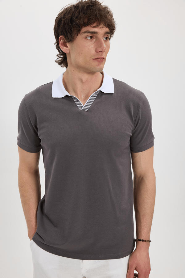 Erkek Slim Fit Dar Kesim %100 Pamuk Koyu Gri Polo Yaka Tişört - 1 Alana 1 Bedava