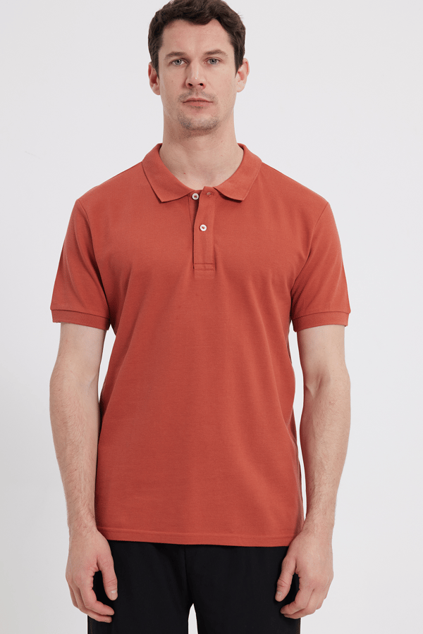 Erkek Slim Fit Dar Kesim %100 Pamuk Kısa Kollu Polo Yaka Turuncu Tişört - Tişörtlerde - 1 Alana 1 Bedava