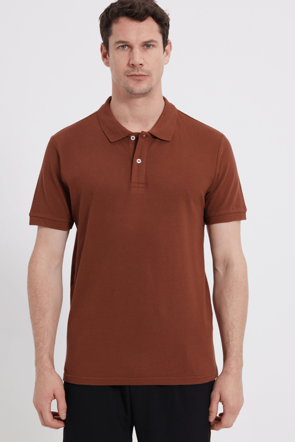 Erkek Slim Fit Dar Kesim %100 Pamuk Kısa Kollu Polo Yaka Kahverengi Tişört - Tişörtlerde - 1 Alana 1 Bedava