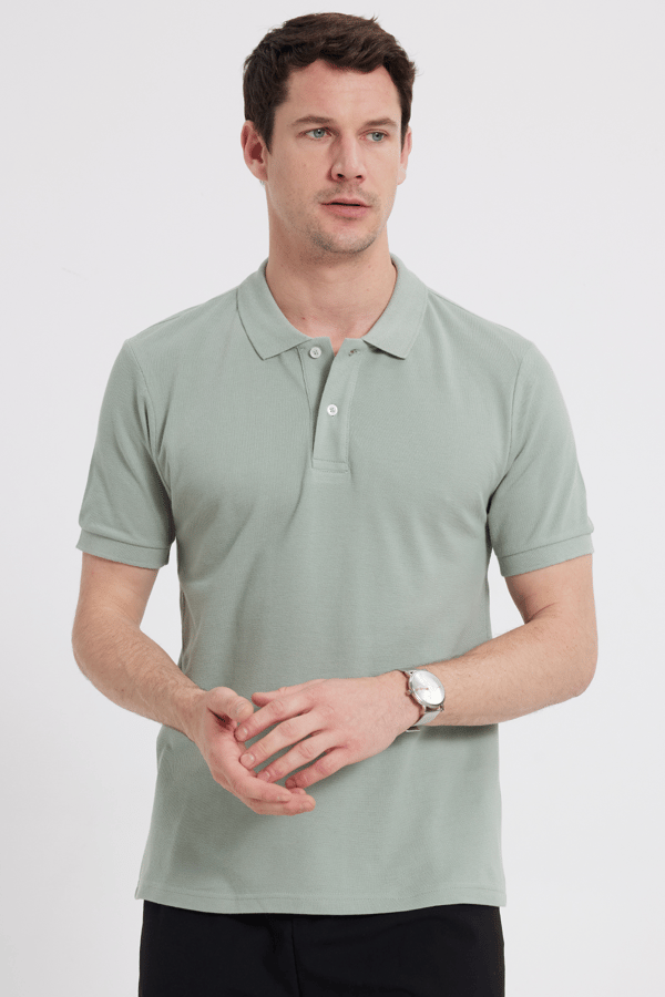 Erkek Slim Fit Dar Kesim %100 Pamuk Kısa Kollu Polo Yaka Yeşil Tişört - 1 Alana 1 Bedava