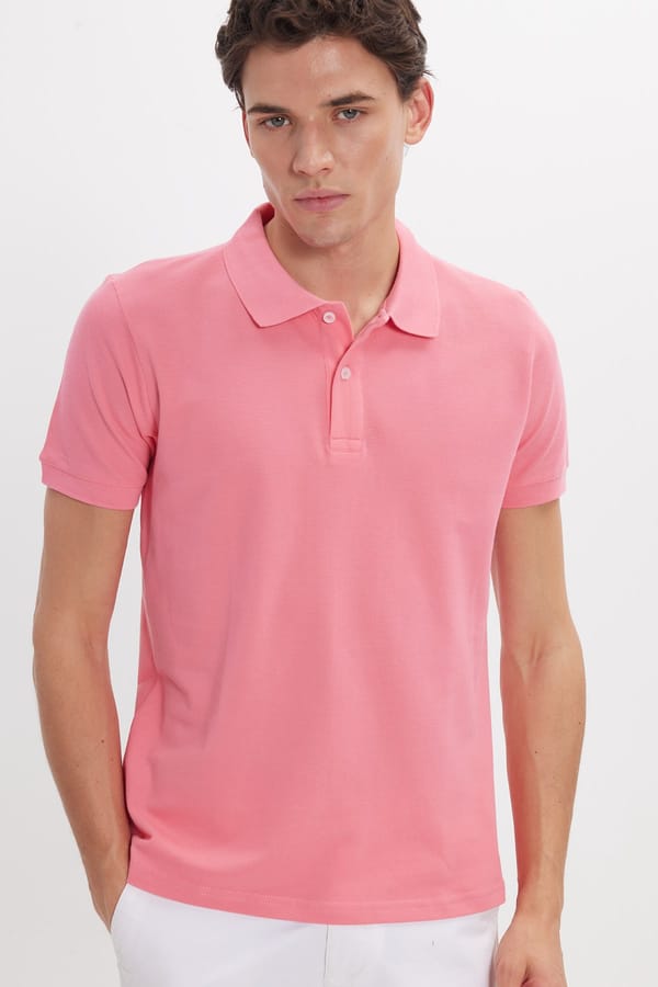 Erkek Slim Fit Dar Kesim %100 Pamuk Kısa Kollu Polo Yaka Pembe Tişört - Tişörtlerde - 1 Alana 1 Bedava