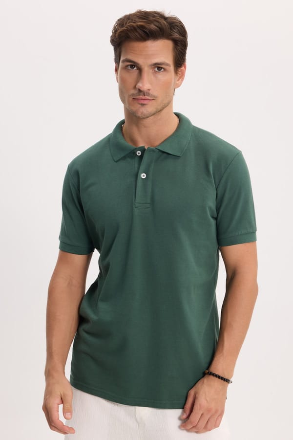 Erkek Slim Fit Dar Kesim %100 Pamuk Kısa Kollu Polo Yaka Haki Tişört - Tişörtlerde - 1 Alana 1 Bedava