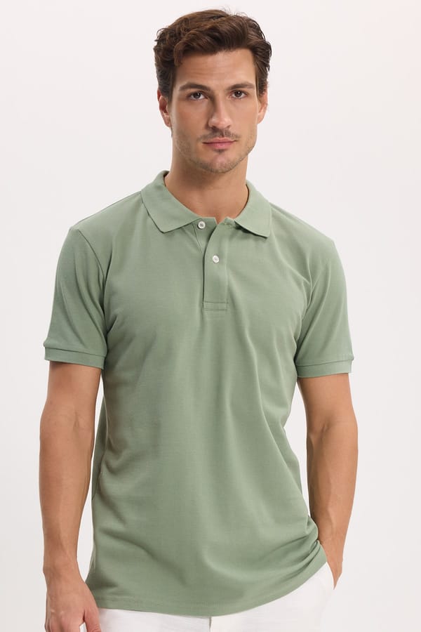 Erkek Slim Fit Dar Kesim %100 Pamuk Kısa Kollu Polo Yaka Yeşil Tişört - 1 Alana 1 Bedava
