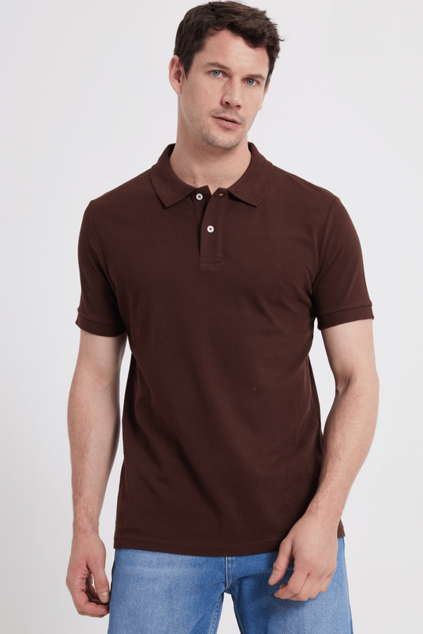 Erkek Slim Fit Dar Kesim %100 Pamuk Kısa Kollu Polo Yaka Kahverengi Tişört - Tişörtlerde - 1 Alana 1 Bedava