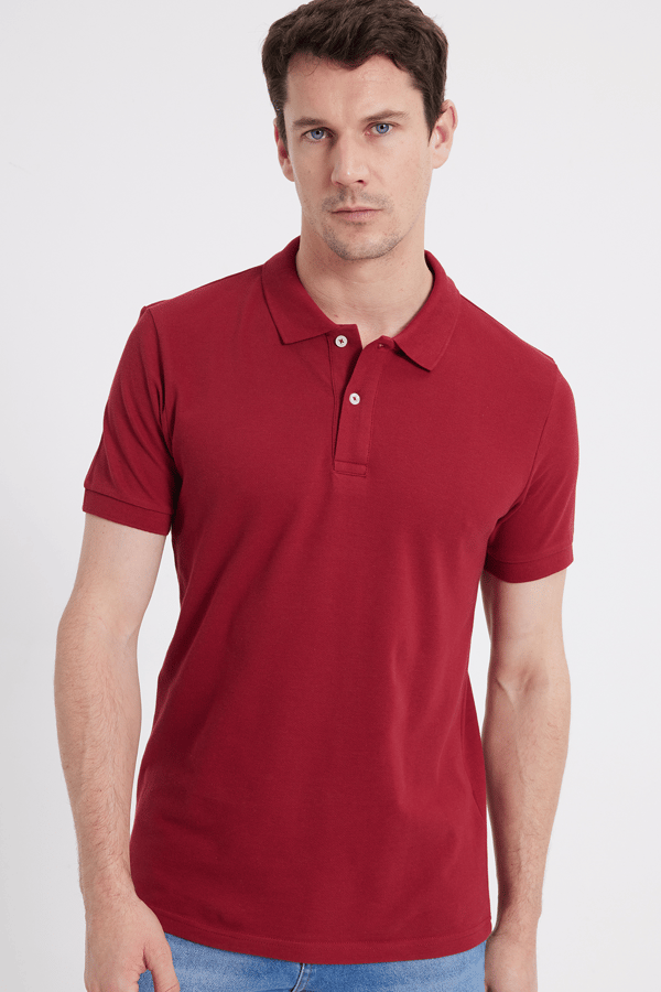 Erkek Slim Fit Dar Kesim %100 Pamuk Kısa Kollu Polo Yaka Kırmızı Tişört - Tişörtlerde - 1 Alana 1 Bedava