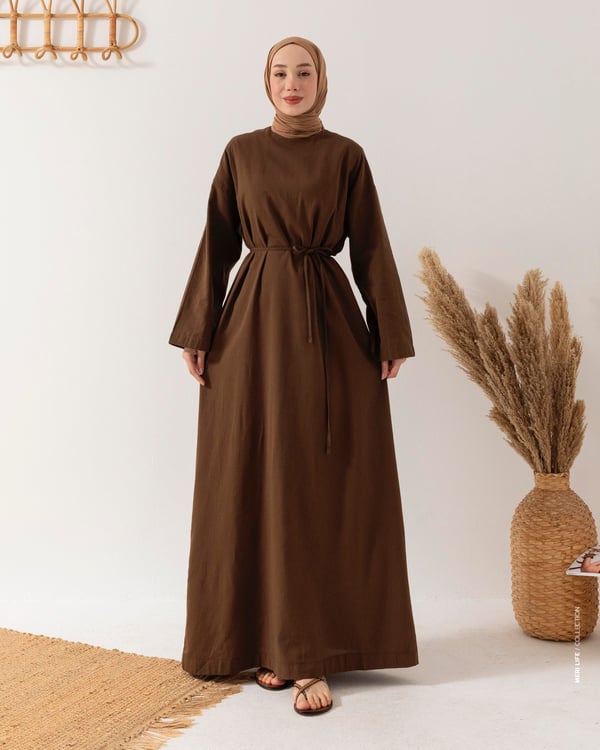 Basic Kahve Keten Elbise