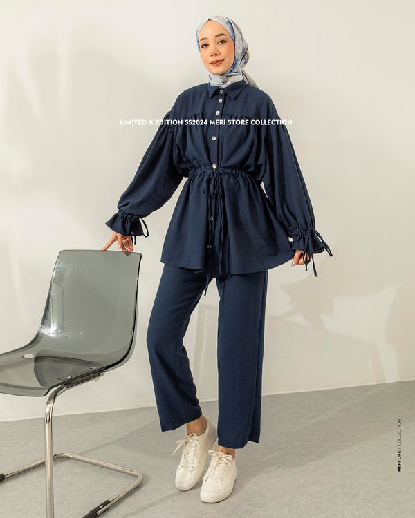 Beli Bağcıklı Tunik Pantolon Lacivert Takım