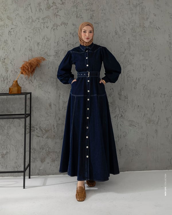 Boydan Düğmeli Lacivert Denim Elbise