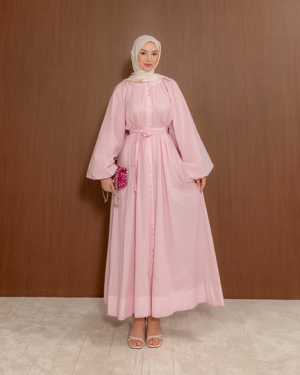 Boydan Düğmeli Pembe Elbise