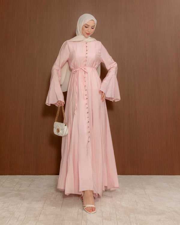 Boydan Düğmeli Pembe Elbise