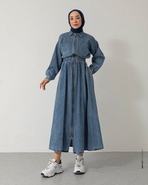 Cep Detaylı Boydan Fermuarlı Mavi Denim Elbise