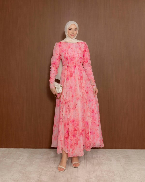 Desenli Pembe Şifon Elbise