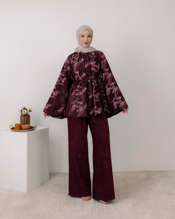 Desenli Tunik Pantolon Bordo Takım