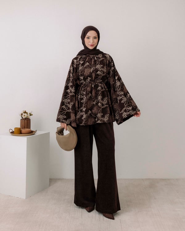 Desenli Tunik Pantolon Kahve Takım