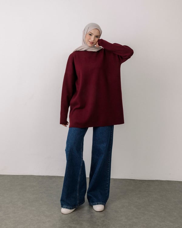 Fermuar Detaylı Bordo Triko Tunik