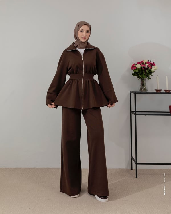 Fermuarlı Sweat Pantolon Kahve Takım