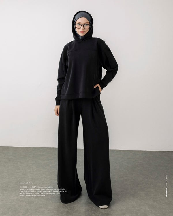 Kapüşonlu Sweat Pantolon Siyah Takım