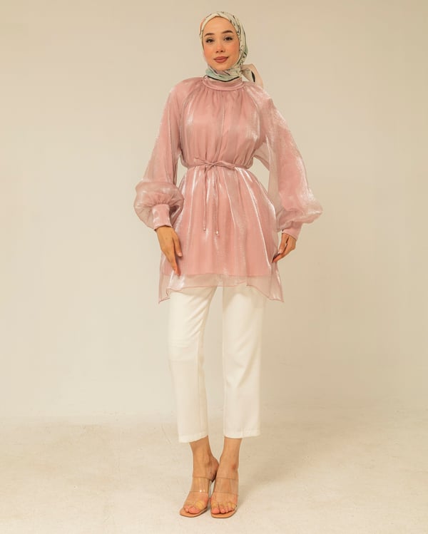 Kemerli Pembe Organze Tunik