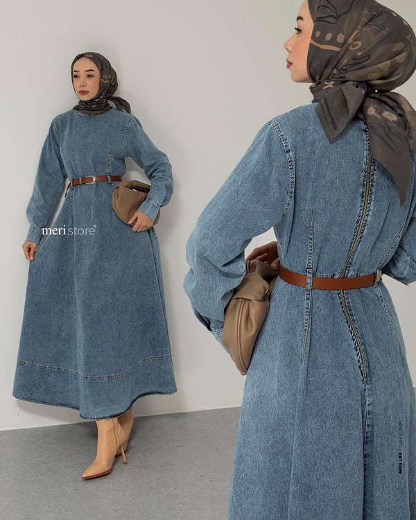 Kemerli Sırt Fermuarlı Mavi Denim Elbise