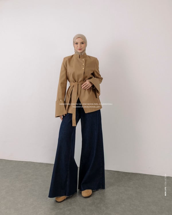 Kruvaze Volanlı Camel Ceket
