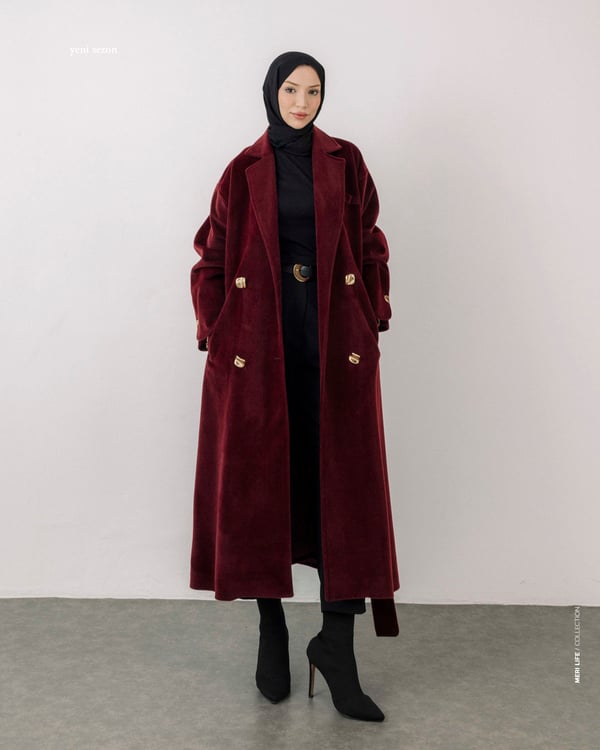 Kuşaklı Bordo Kaşe Kaban
