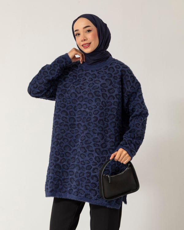 Leopar Desen Lacivert Triko Kazak