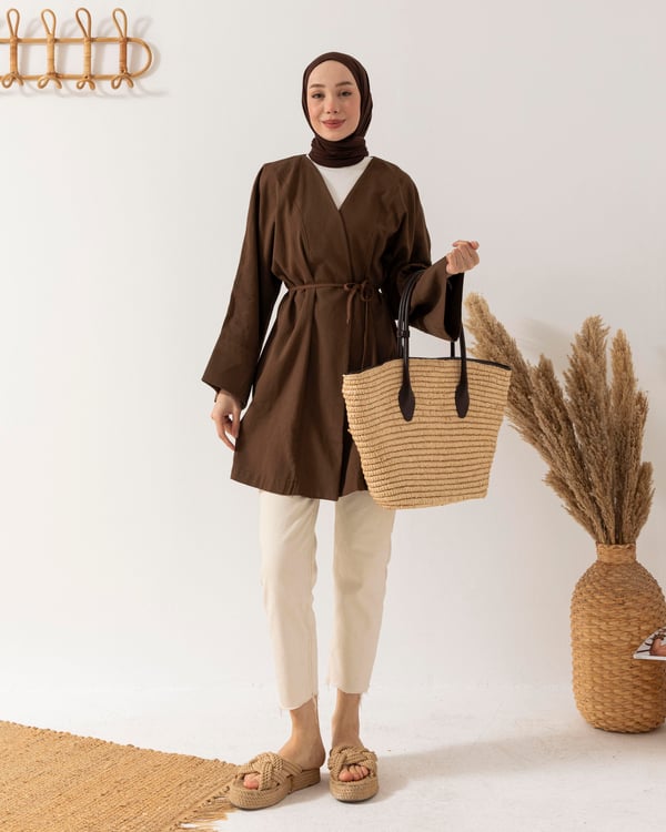 Natural Kahve Keten Kimono