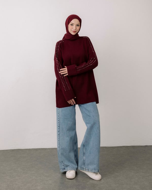 Omuz Taşlı Bordo Triko Tunik