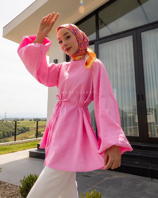 Oversize Balon Kol Pembe Tunik