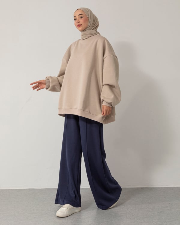 Oversize Bisiklet Yaka Krem Sweat