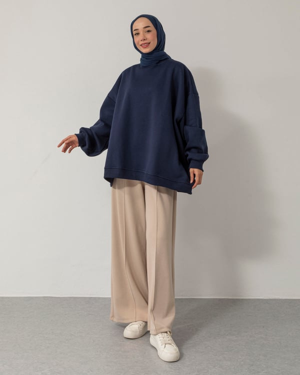 Oversize Bisiklet Yaka Lacivert Sweat