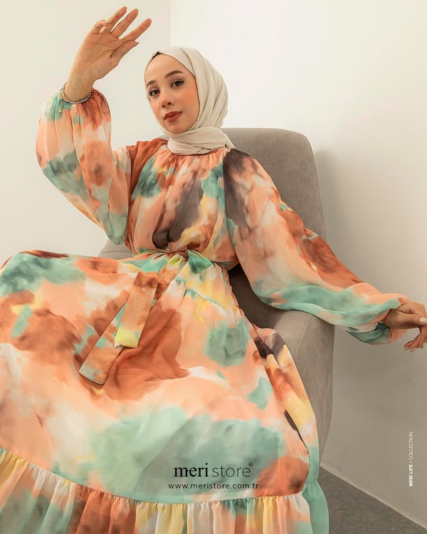 Oversize Desenli Pudra Şifon Elbise