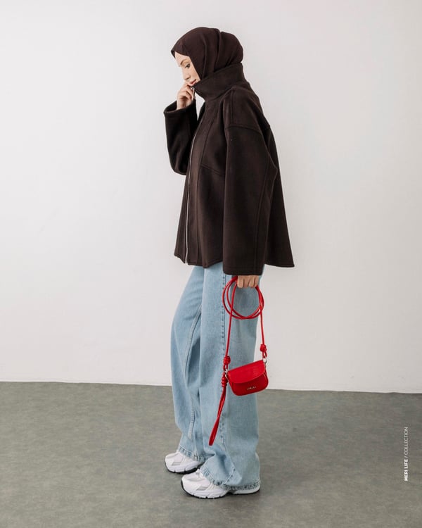 Oversize Fermuarlı Kahve Kaşe Ceket