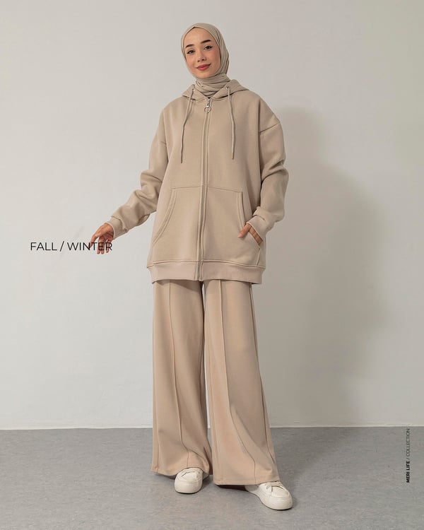 Oversize Fermuarlı Kapşonlu Krem Sweat