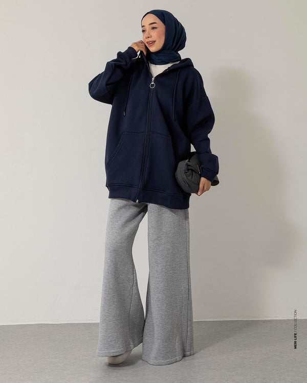 Oversize Fermuarlı Kapşonlu Lacivert Sweat