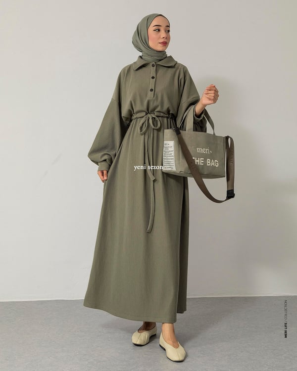 Oversize Fitilli Belden Bağcıklı Mint Yeşili Elbise