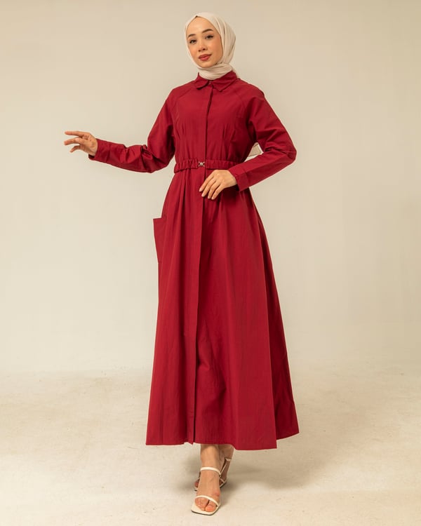 Oversize Kemeri Lastikli Bordo Elbise