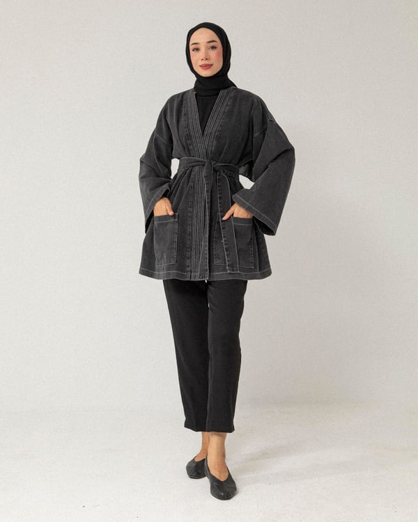 Oversize Kemerli Antrasit Denim Ceket
